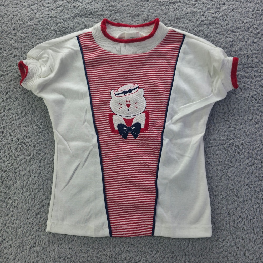 Vintage Health-tex Kids Ringer Shirt Red White Striped Nautical Bear Size 6 USA